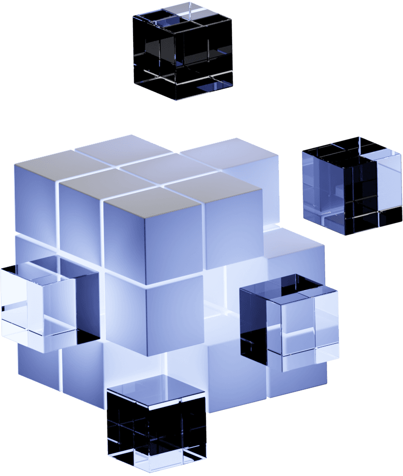 glass cubes fitting together with white cubes to form a 9 by 9 cube
