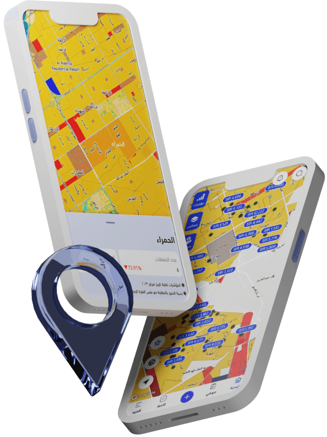 two floating phones with screenshots of the suhail real estate app